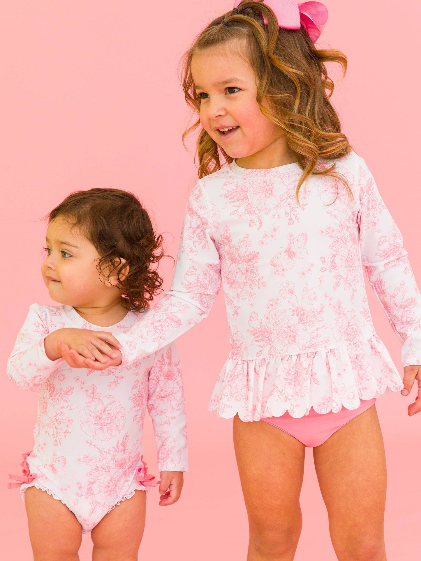 RuffleButts + RuggedButts - Girls Pink Butterfly Garden Toile Long Sleeve Rash Guard 2-Piece