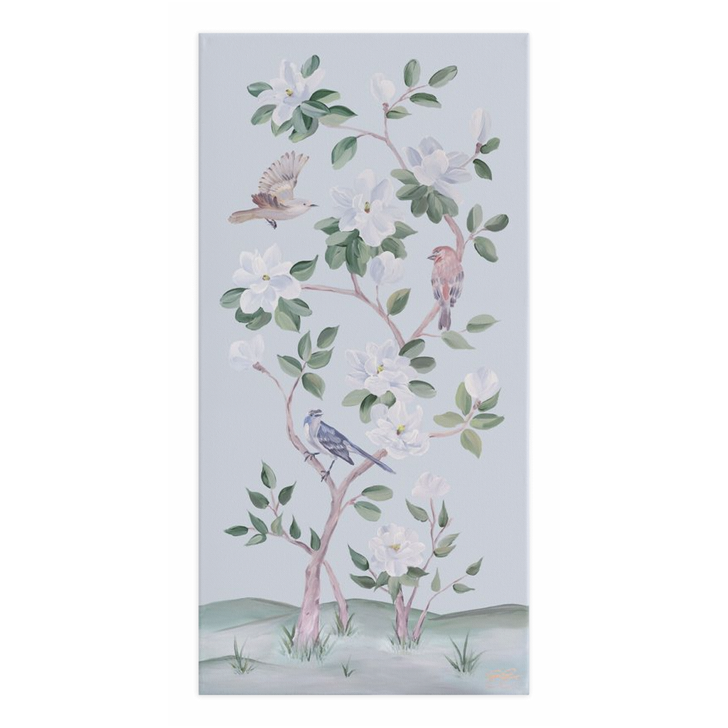 Songbirds and Magnolias, a light blue chinoiserie canvas wrap