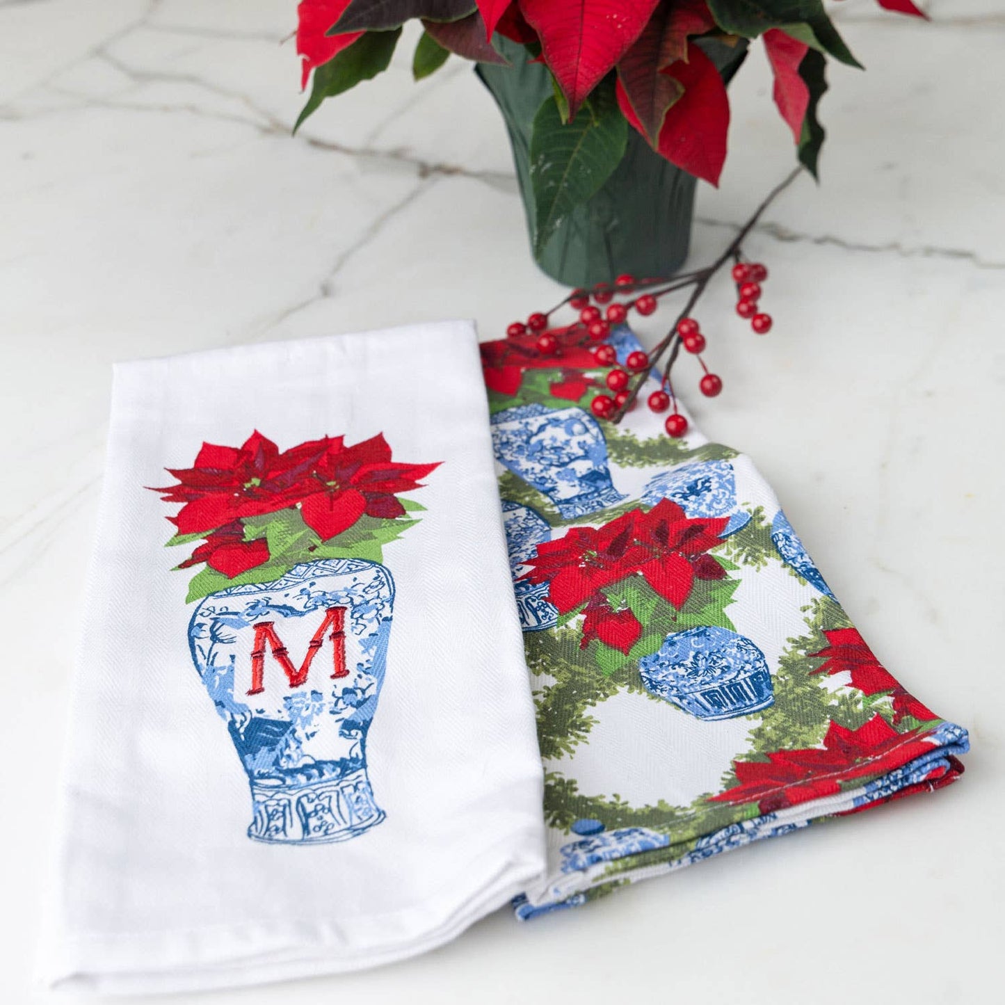 8 Oak Lane - Poinsettias Initial Kitchen Towel Set