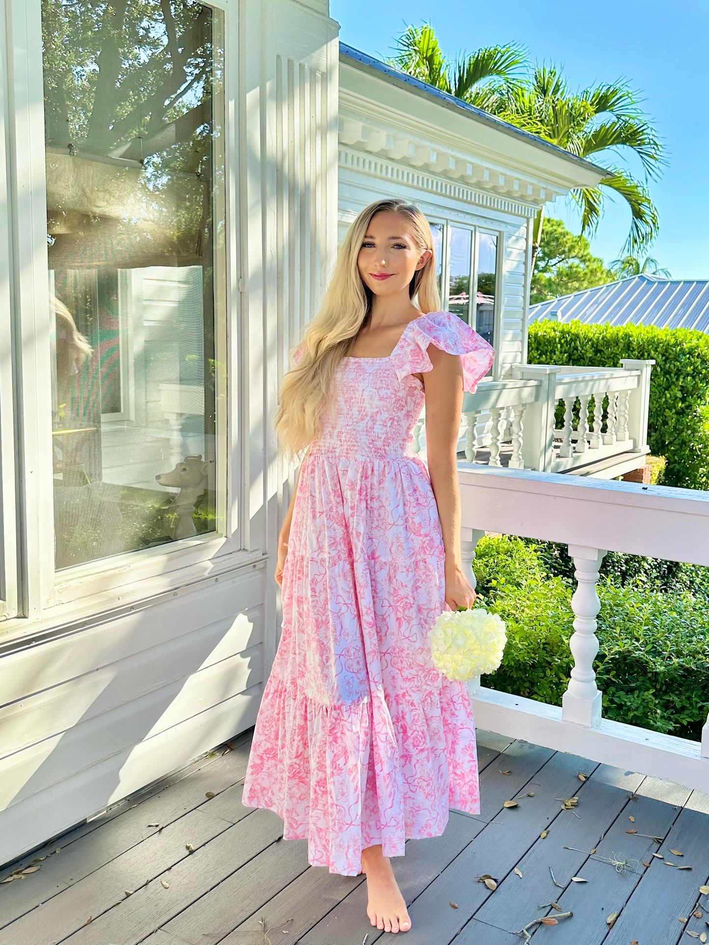 8 Oak Lane - Pink Bow Toile Smocked Flutter Sleeve Dress