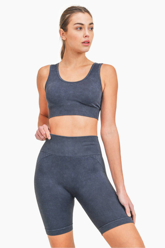 Mono B - Spliced Mineral-Washed Seamless Ribbed Sports Bra