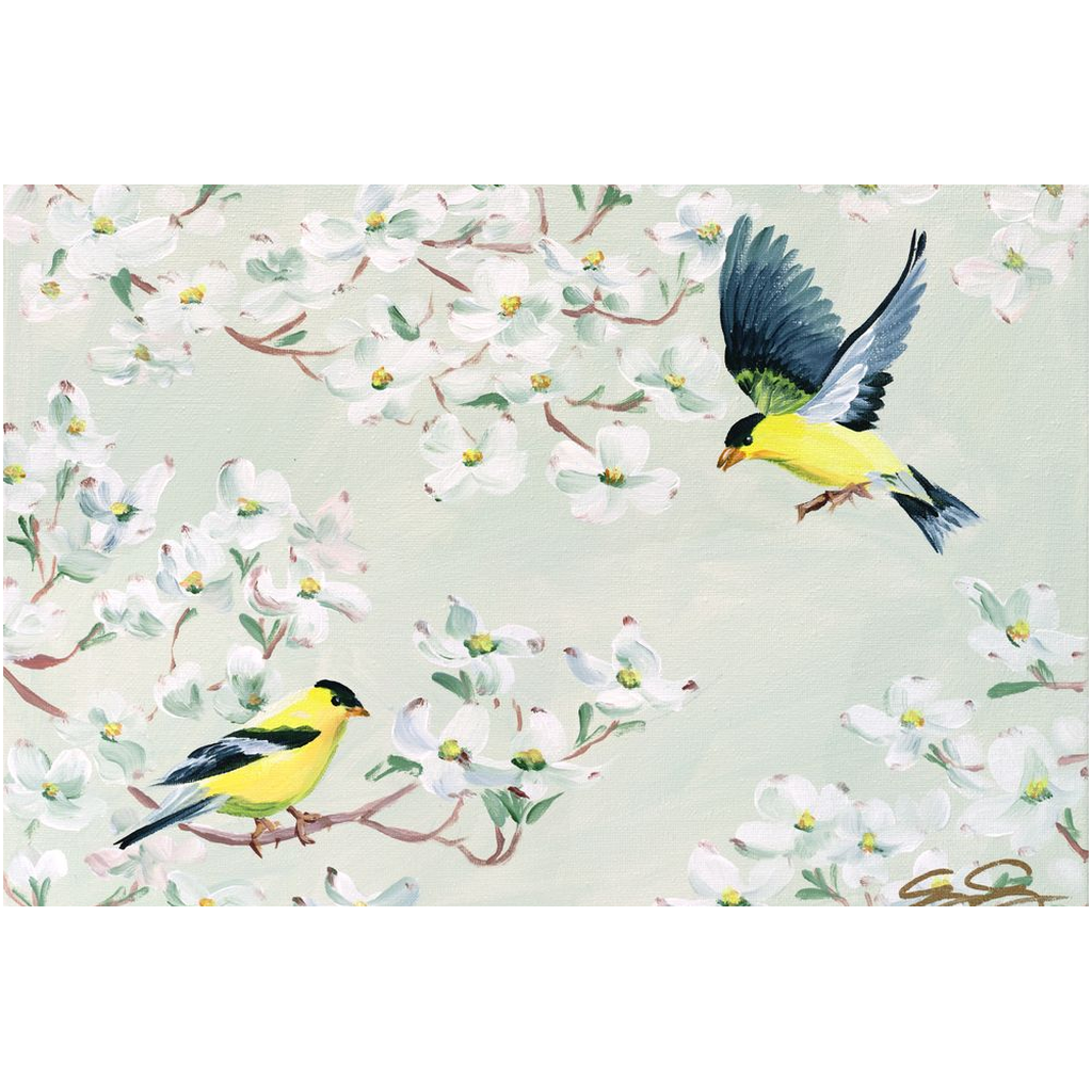 Goldfinch and Dogwood, a fine art print on canvas