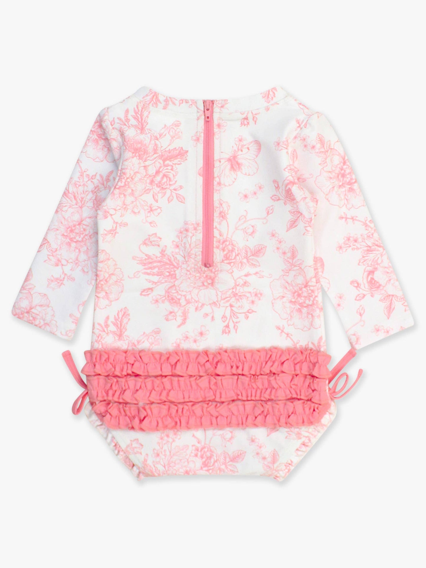 RuffleButts + RuggedButts - Baby Girls Bubblegum Pink Butterfly Garden Toile One Piece Rash Guard