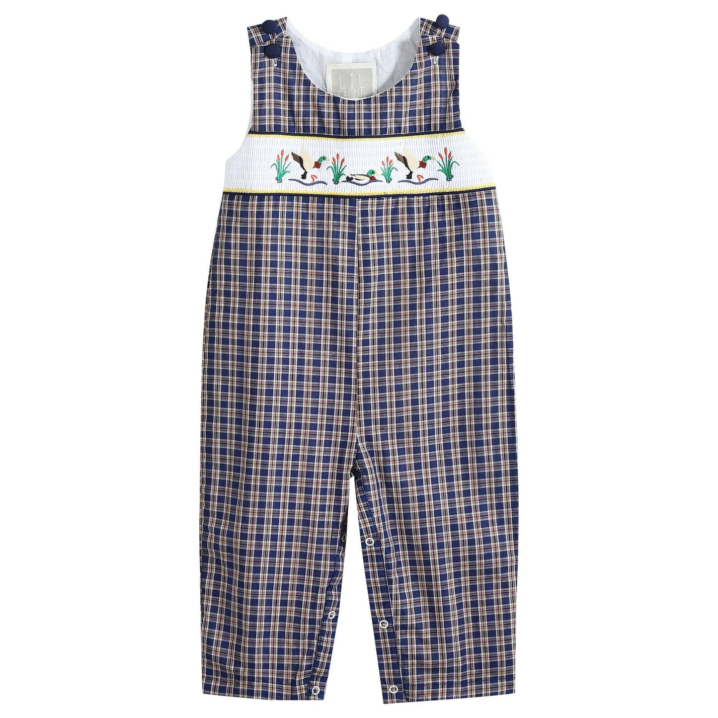 Lil Cactus - Blue Flannel Plaid Mallard Smocked Overalls