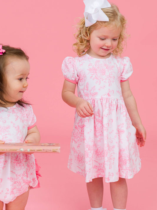 RuffleButts + RuggedButts - Girls Bubblegum Pink Butterfly Garden Toile Puff Short Sleeve Bow Twirl Dress