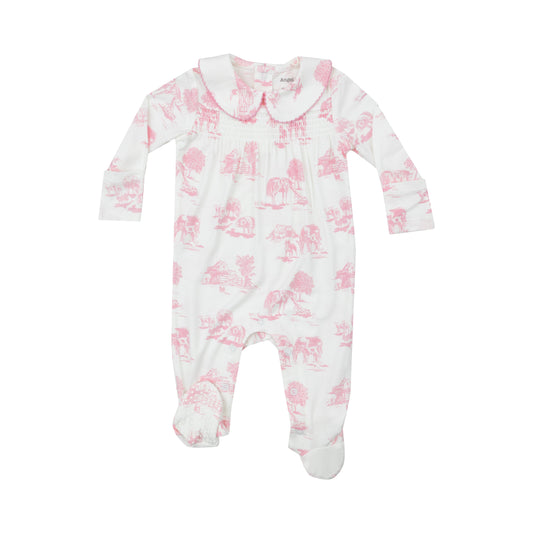 Smocked Peter Pan Footie - Farm Toile Pink