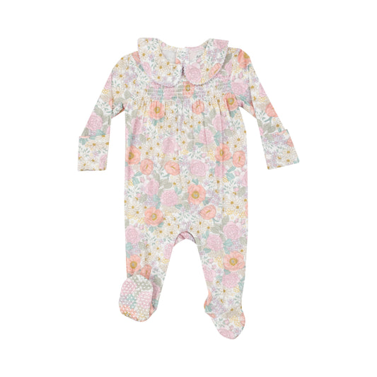 Smocked Peter Pan Footie - Peonies & Roses