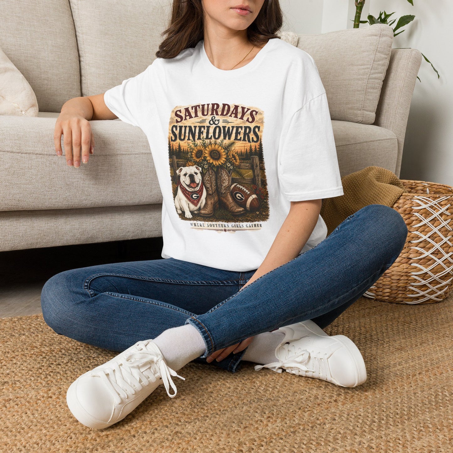 River + Pine - Saturdays & Sunflowers Womens T-Shirt (front graphic only)