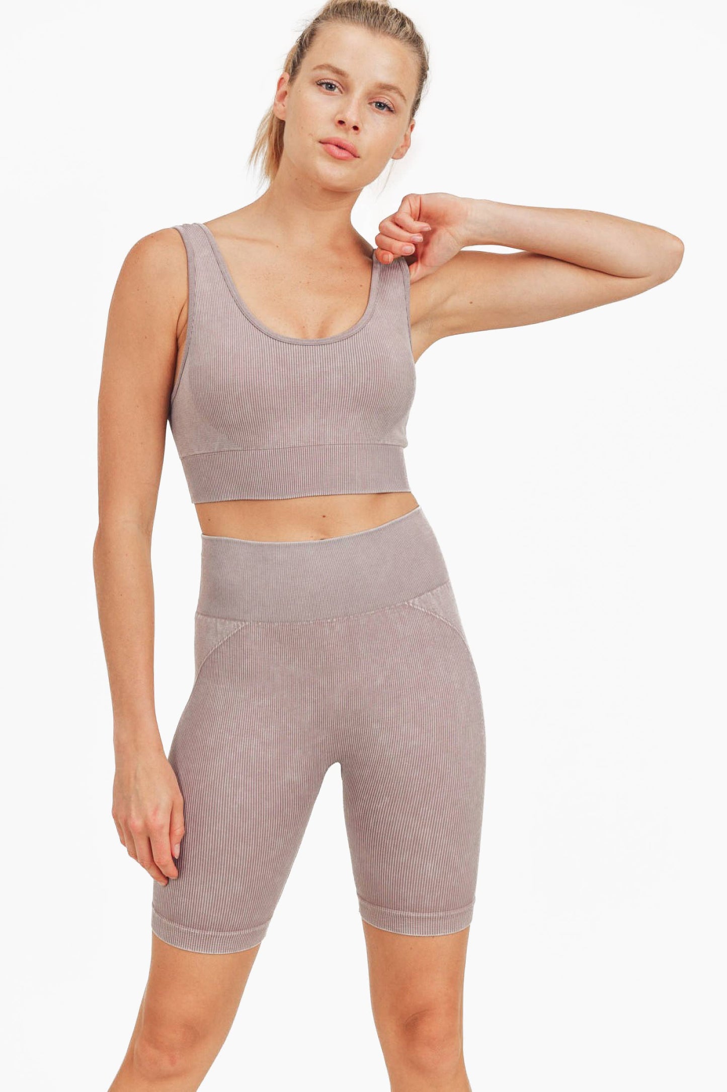 Mono B - Spliced Mineral-Washed Seamless Ribbed Sports Bra