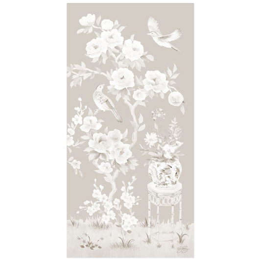 June, a tonal beige chinoiserie fine art print on paper with birds and peonies