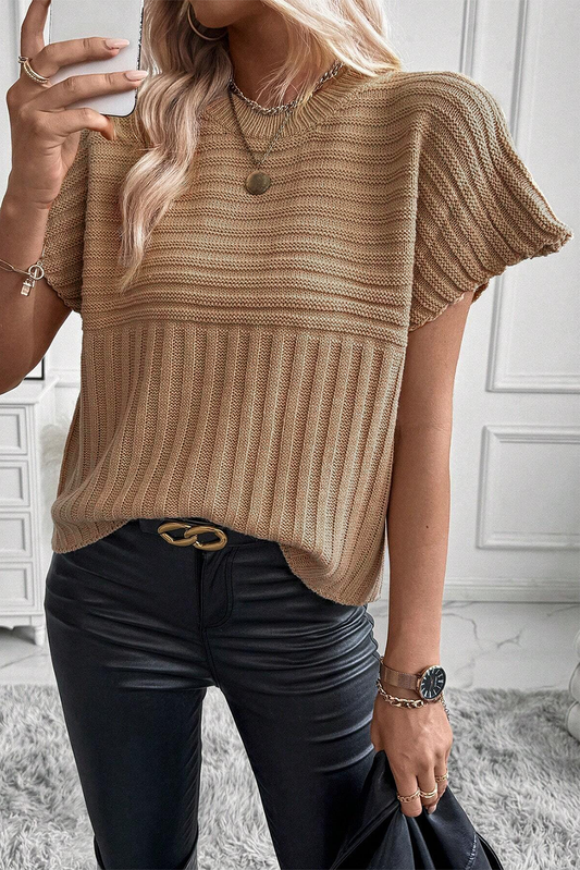 Light French Beige Rib Knitted Wide Sleeve Sweater