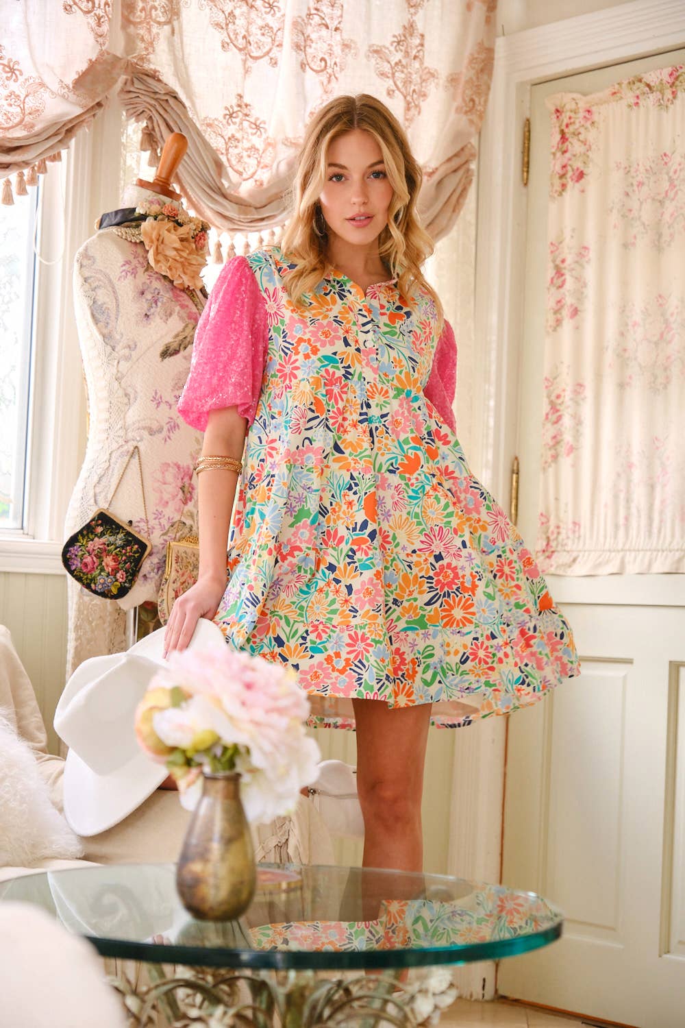 Blue B - 32878D - Floral Cotton Sequin Puff SLV Shirt Mini Dress