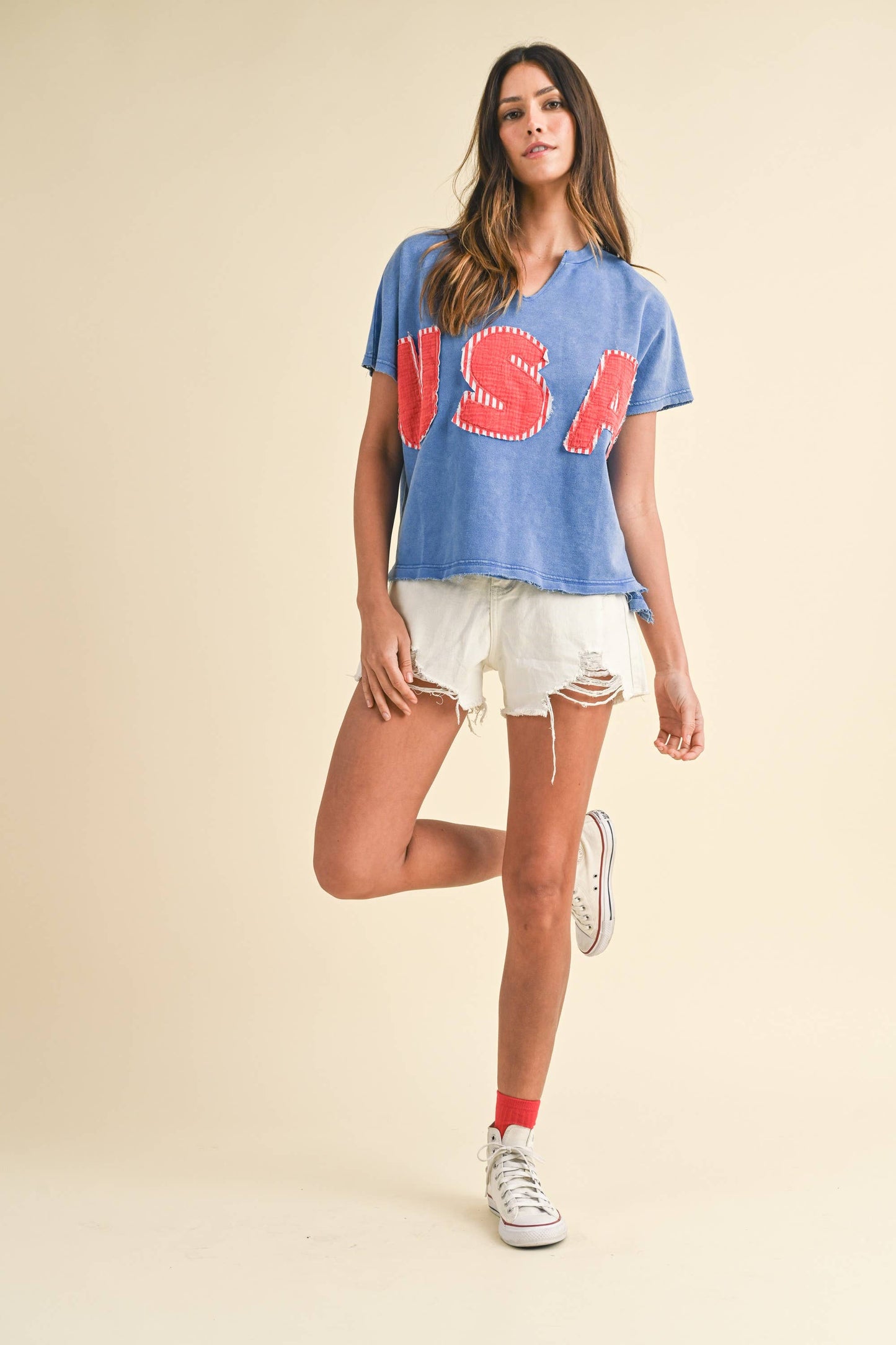 anniewear - MINERAL WASHED USA PATCHED KNIT TOP_AT1891