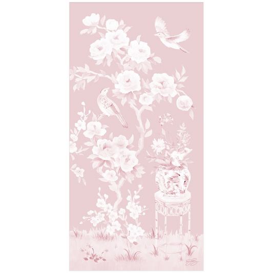 June, a tonal pink chinoiserie fine art print on paper with birds and peonies