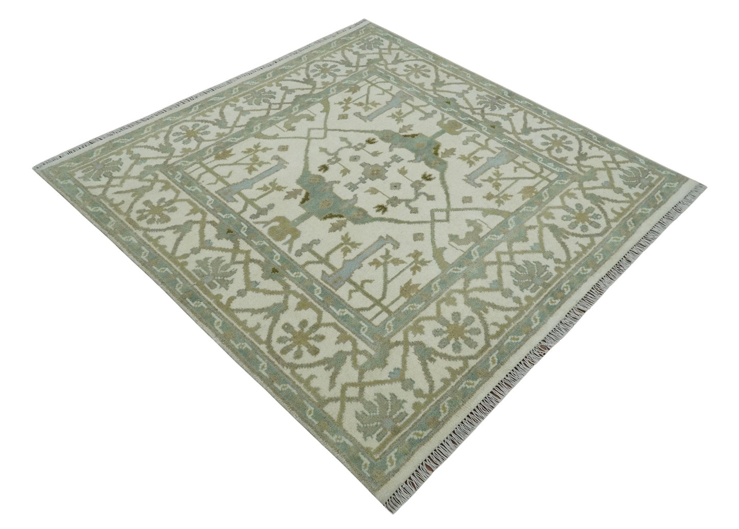 5x5 Square Hand Knotted Oriental Oushak Ivory and Blue Wool Area Rug | TRDCP151255SS