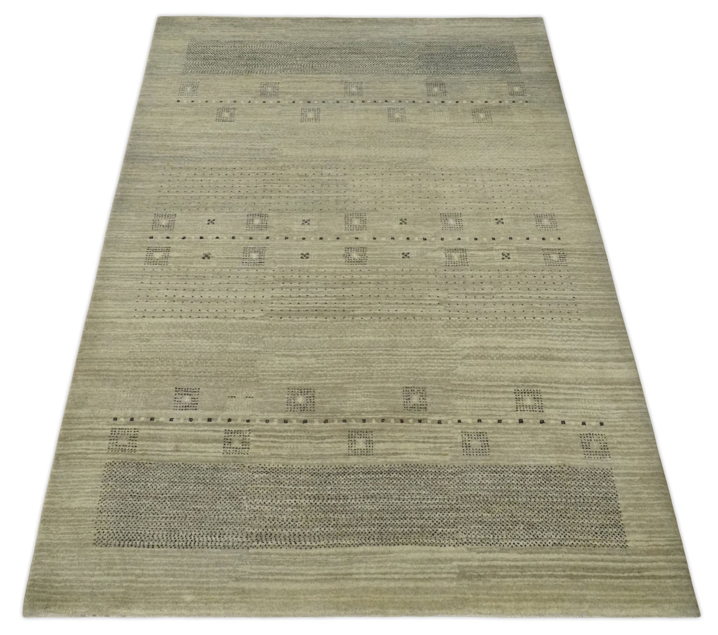 5x7 Beige and Gray Hand Spun Wool Hand Knotted Southwestern Gabbeh Rug | KNT51