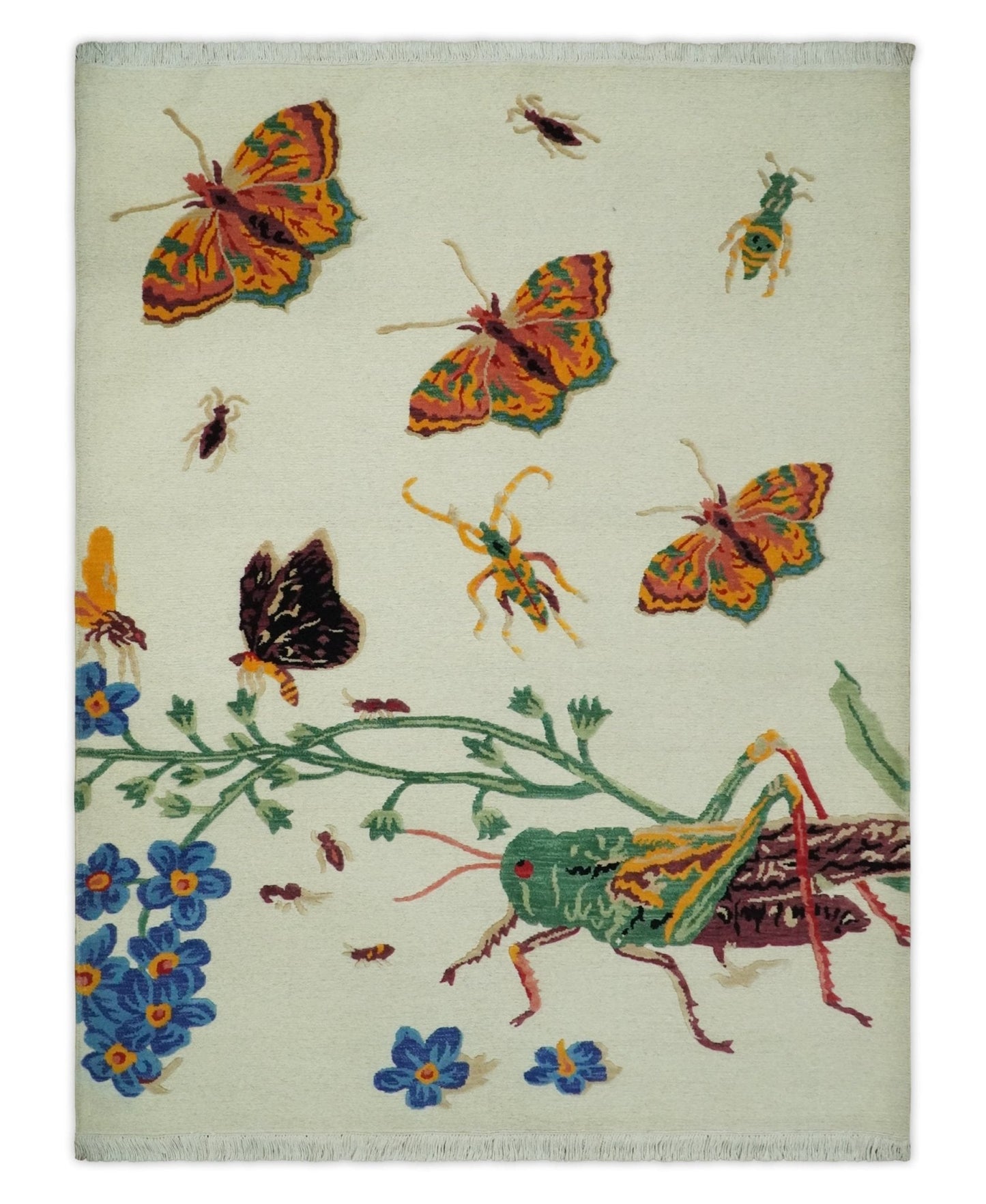 5x7 Ivory Butterfly , Insects and Flower Flatwoven Soumak Wool Hand Made Rug | KNT48