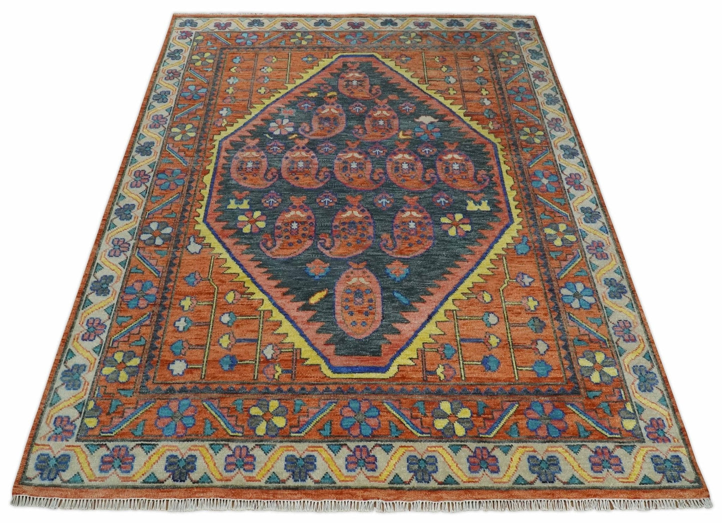 Charcoal, Rust and Beige Traditional Boteh Design Heriz Multi Size wool Area Rug