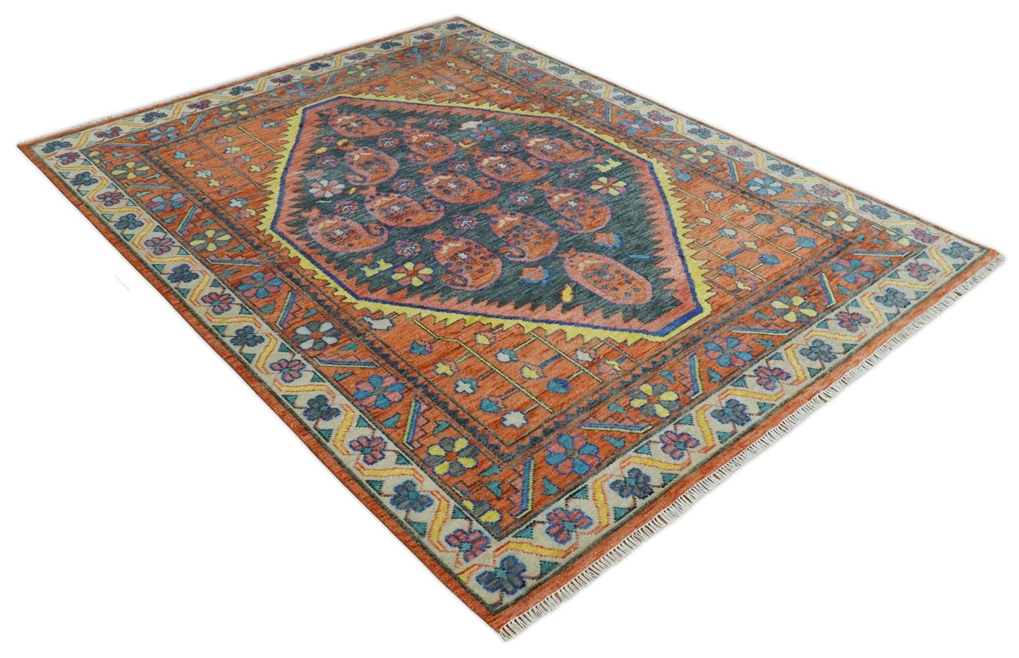 Charcoal, Rust and Beige Traditional Boteh Design Heriz Multi Size wool Area Rug