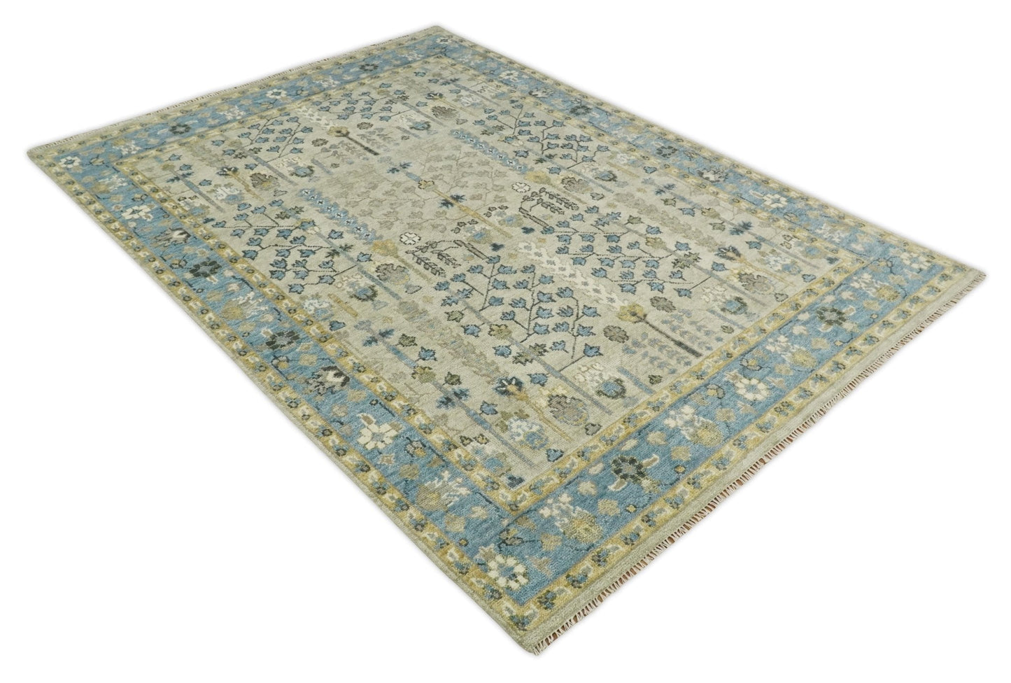 Tree of life Beige and Blue Traditional Hand Knotted Multi Size Wool Area Rug