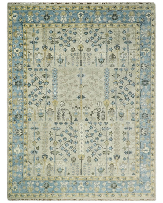 Tree of life Beige and Blue Traditional Hand Knotted Multi Size Wool Area Rug