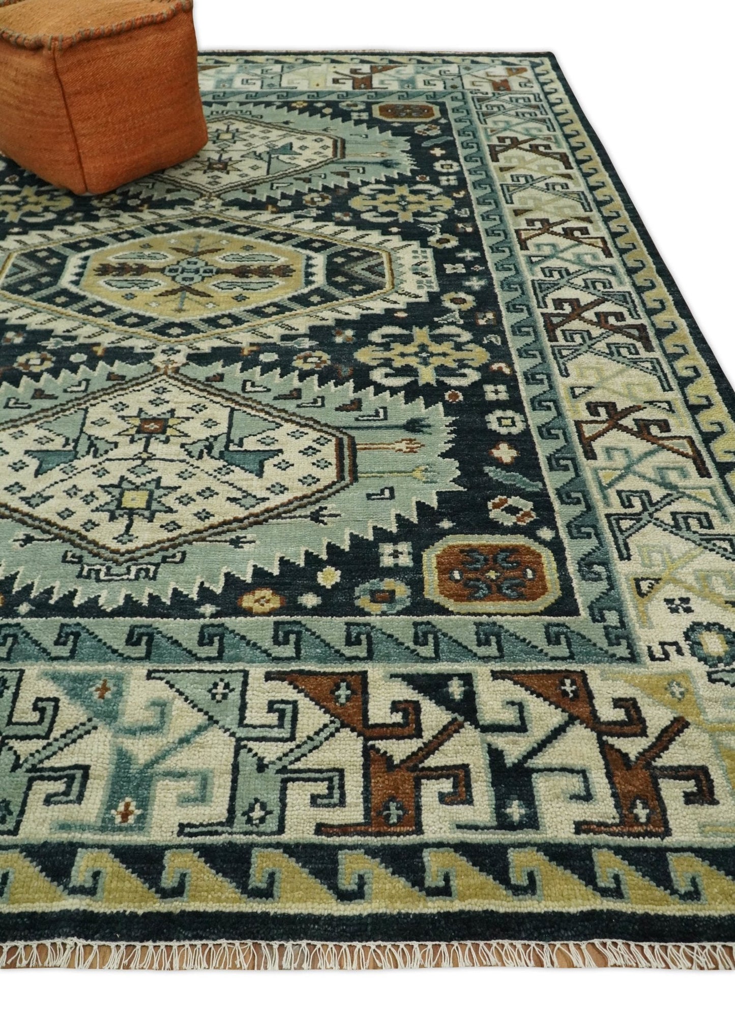 Custom Made Hand Knotted Blue, Ivory and Olive Traditional Oriental wool Area Rug