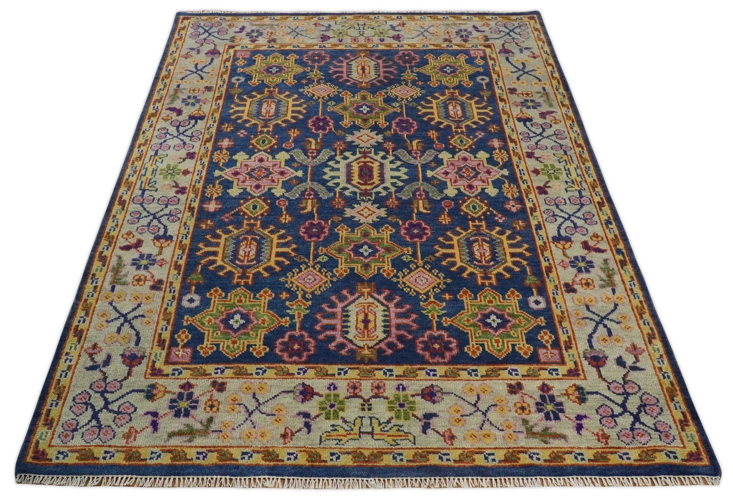 Custom Made Hand Knotted Blue, Gold and Beige Oriental Oushak wool Area Rug