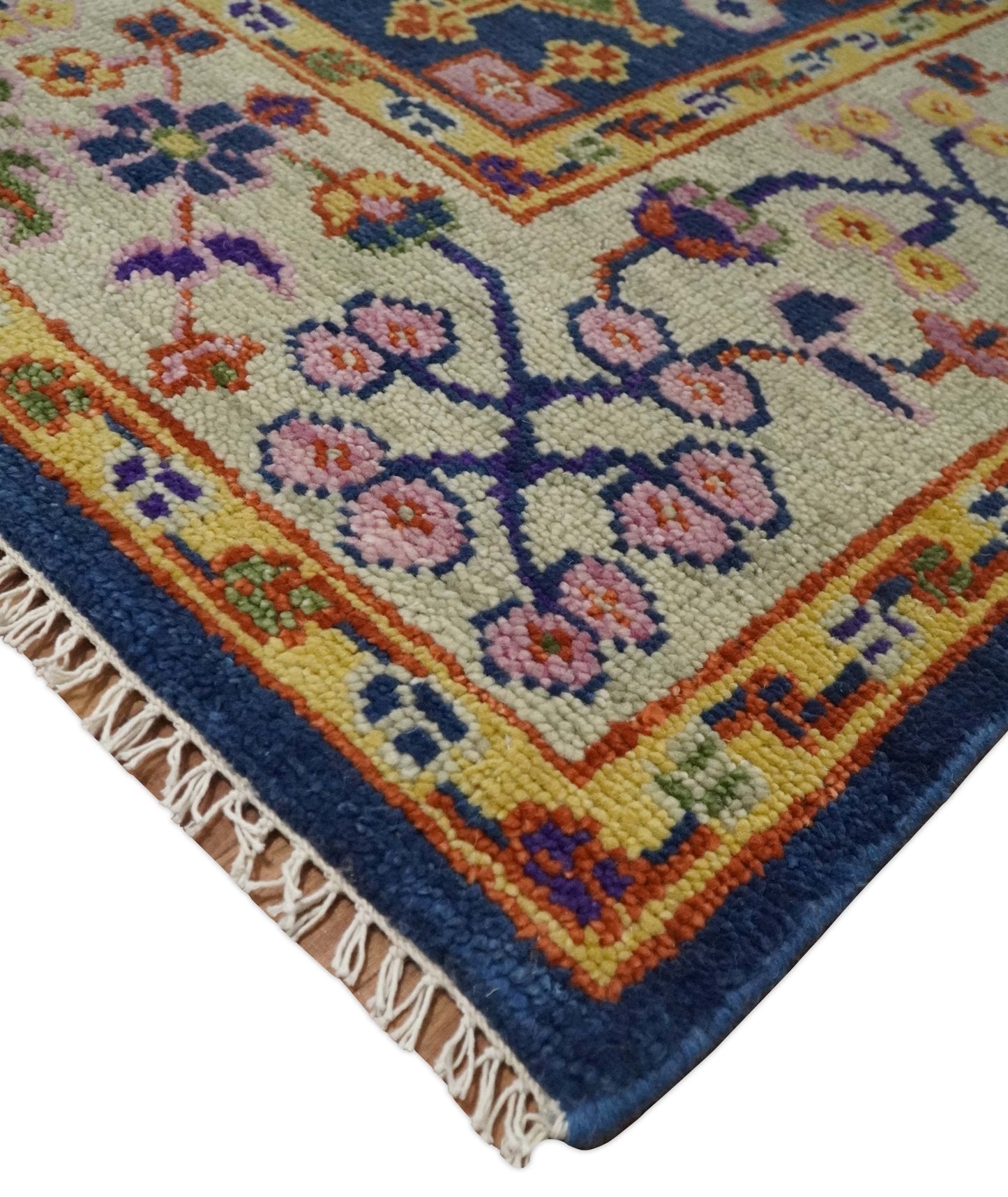 Custom Made Hand Knotted Blue, Gold and Beige Oriental Oushak wool Area Rug