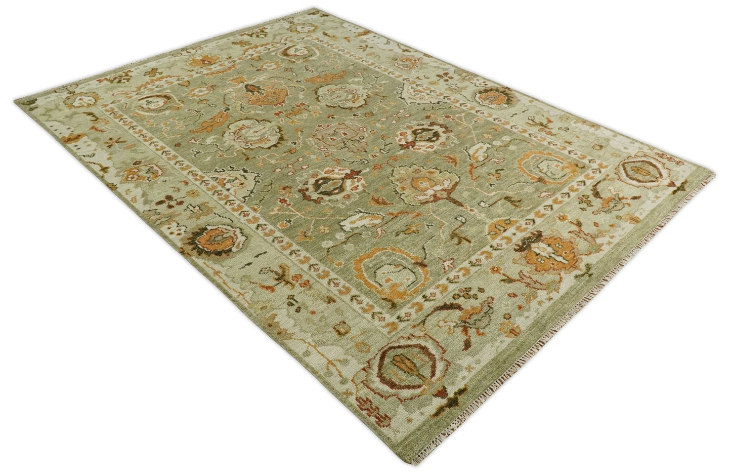 Custom Made Hand Knotted Olive and beige Traditional Vintage Style Antique Wool Rug