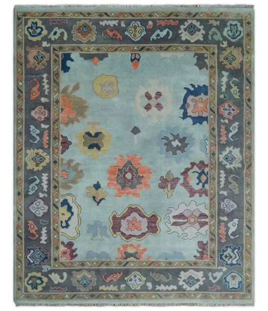 Custom Made Vibrant Colorful Aqua, Blue, Purple and Gray Hand Knotted Traditional Oushak Wool Area Rug