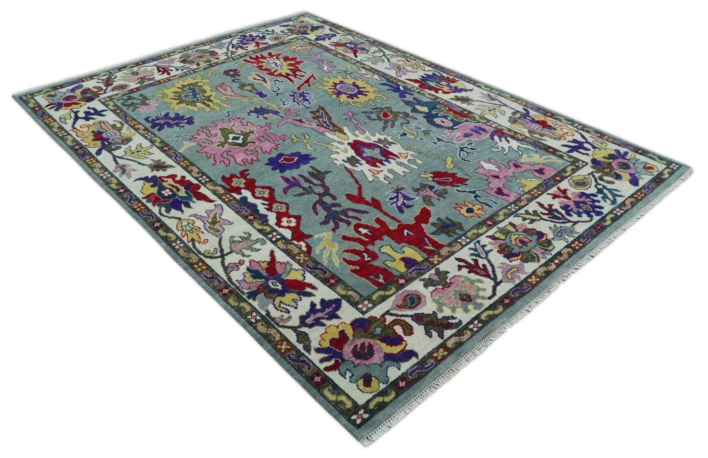 Vibrant colorful Silver, Ivory and Brown Hand Knotted Traditional Oushak Multi Size wool Area Rug