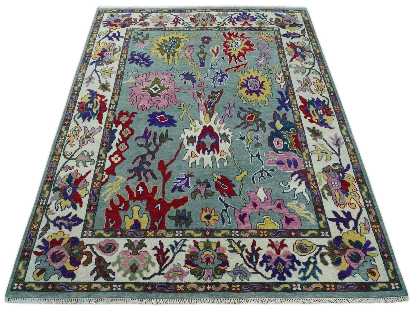 Vibrant colorful Silver, Ivory and Brown Hand Knotted Traditional Oushak Multi Size wool Area Rug