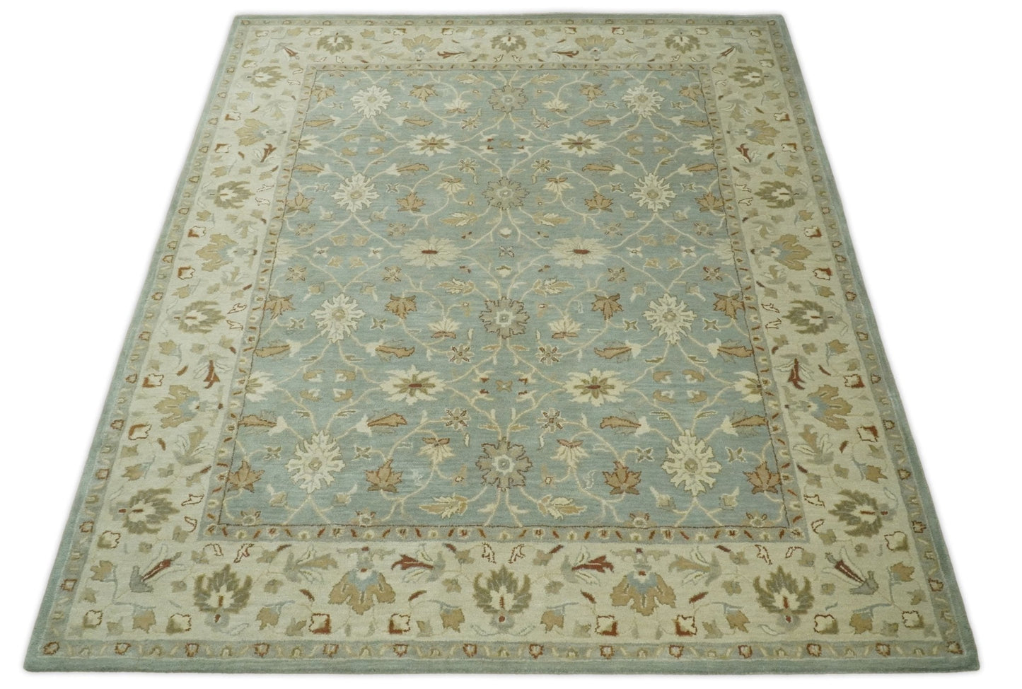 5x8 and 8x10 Blue and Beige Handmade Classic Vintage Design Wool Area Rug | TRDCP117TUF