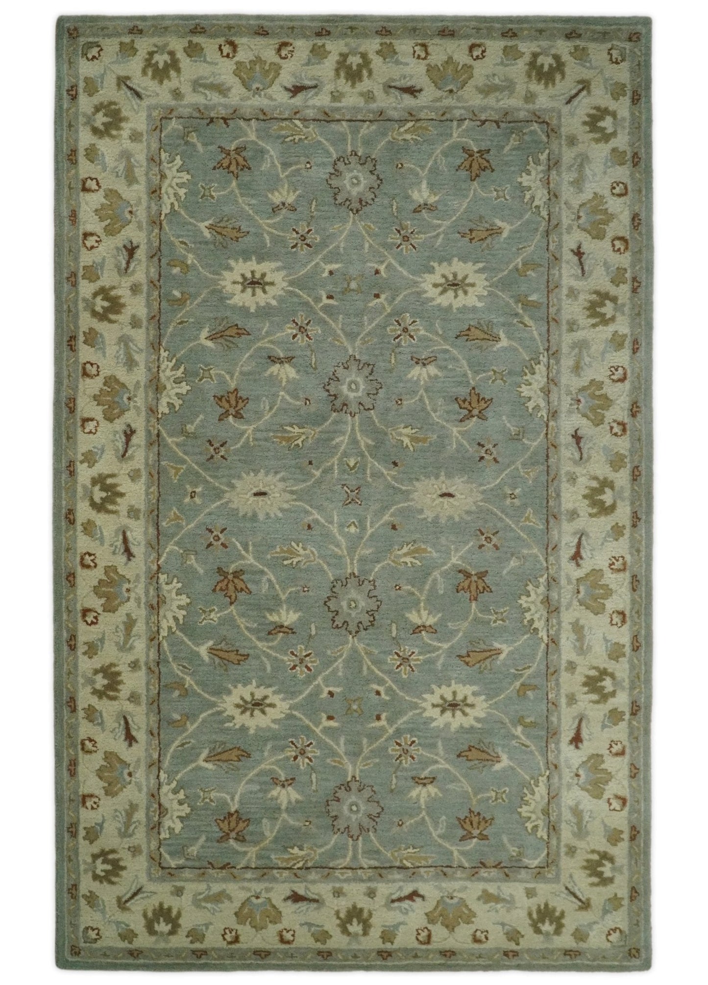 5x8 and 8x10 Blue and Beige Handmade Classic Vintage Design Wool Area Rug | TRDCP117TUF