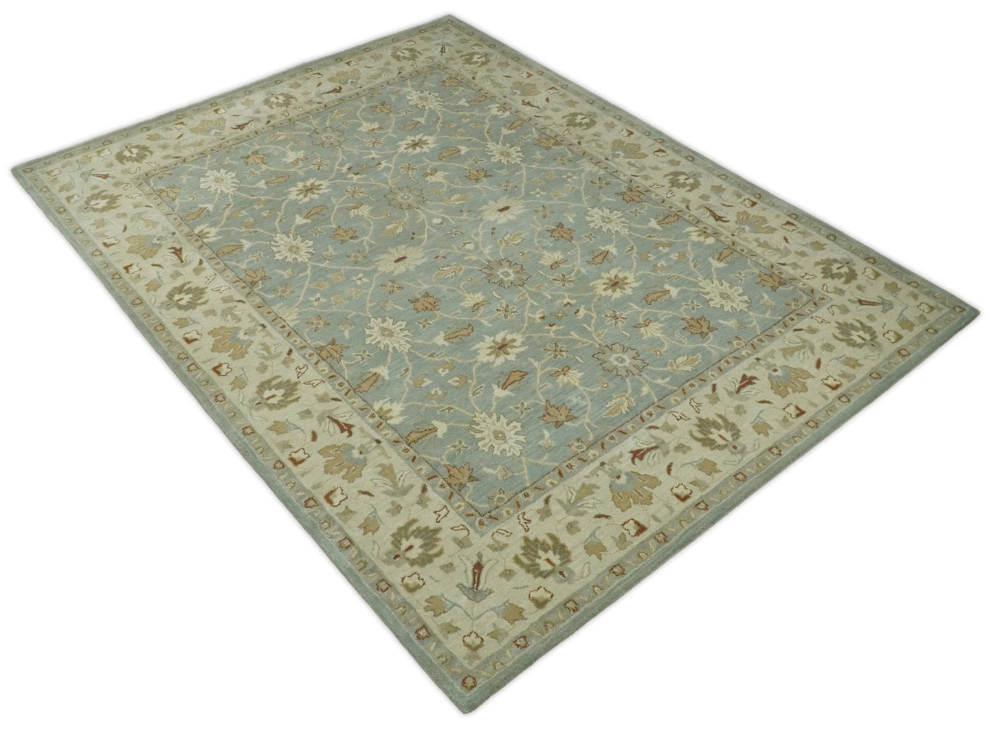 5x8 and 8x10 Blue and Beige Handmade Classic Vintage Design Wool Area Rug | TRDCP117TUF