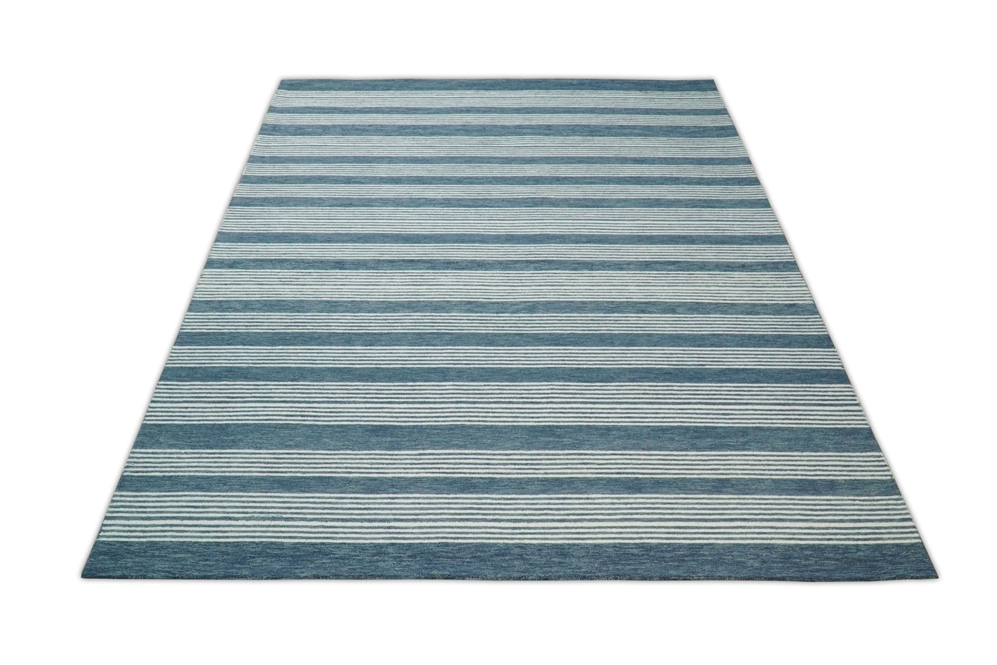 5x8 and 8x10 Hand Made Woolen Modern Stripes White and Blue Area Rug | NAU002