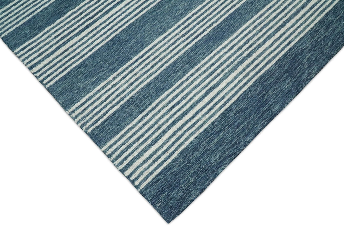 5x8 and 8x10 Hand Made Woolen Modern Stripes White and Blue Area Rug | NAU002