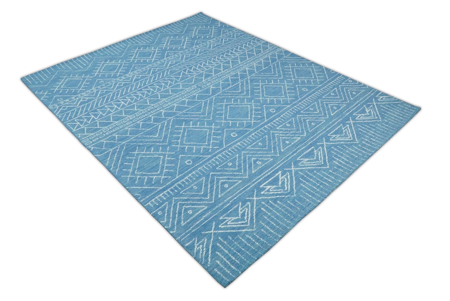 5x8 and 8x10 Hand Made Woolen Tribal Solid Blue Area Rug | AZT002