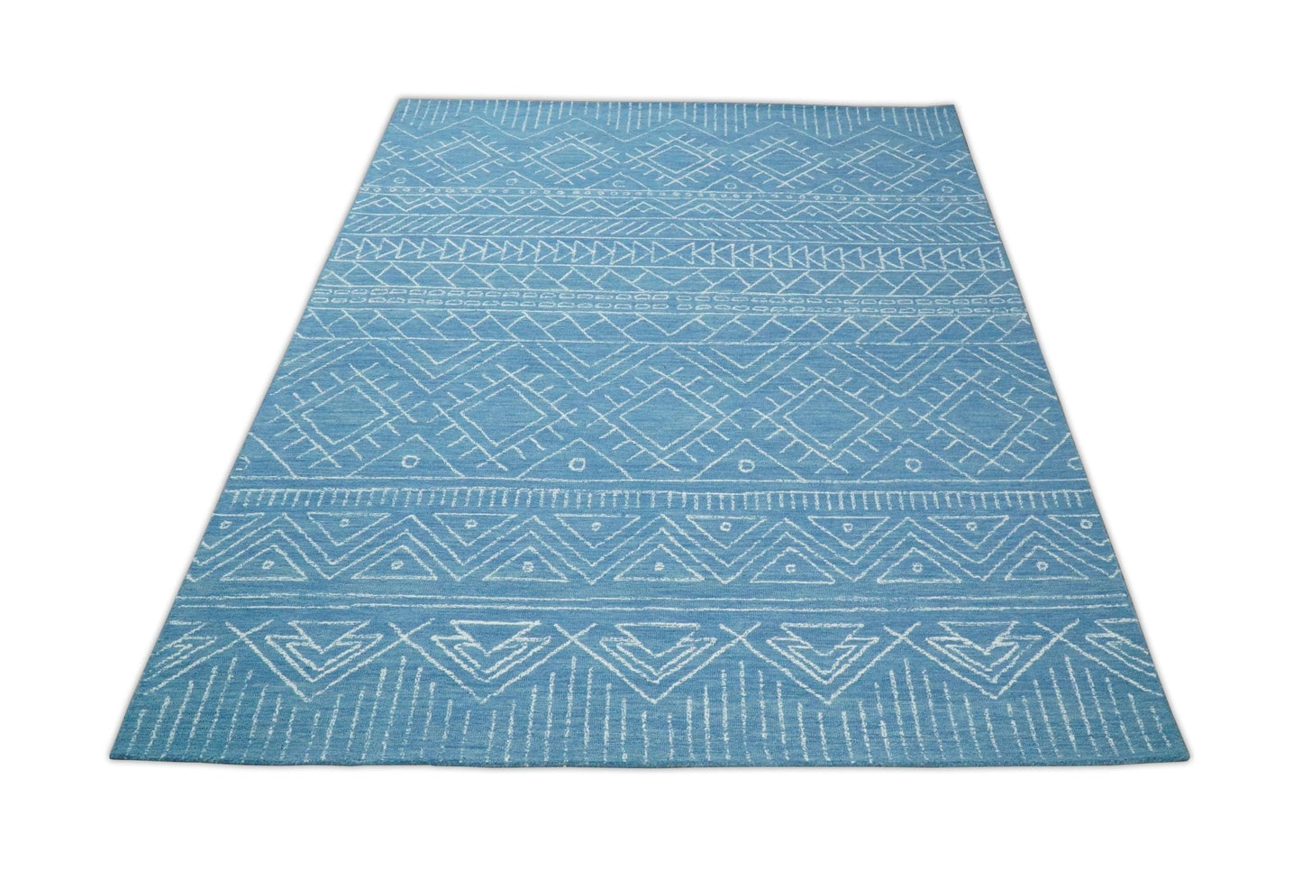 5x8 and 8x10 Hand Made Woolen Tribal Solid Blue Area Rug | AZT002