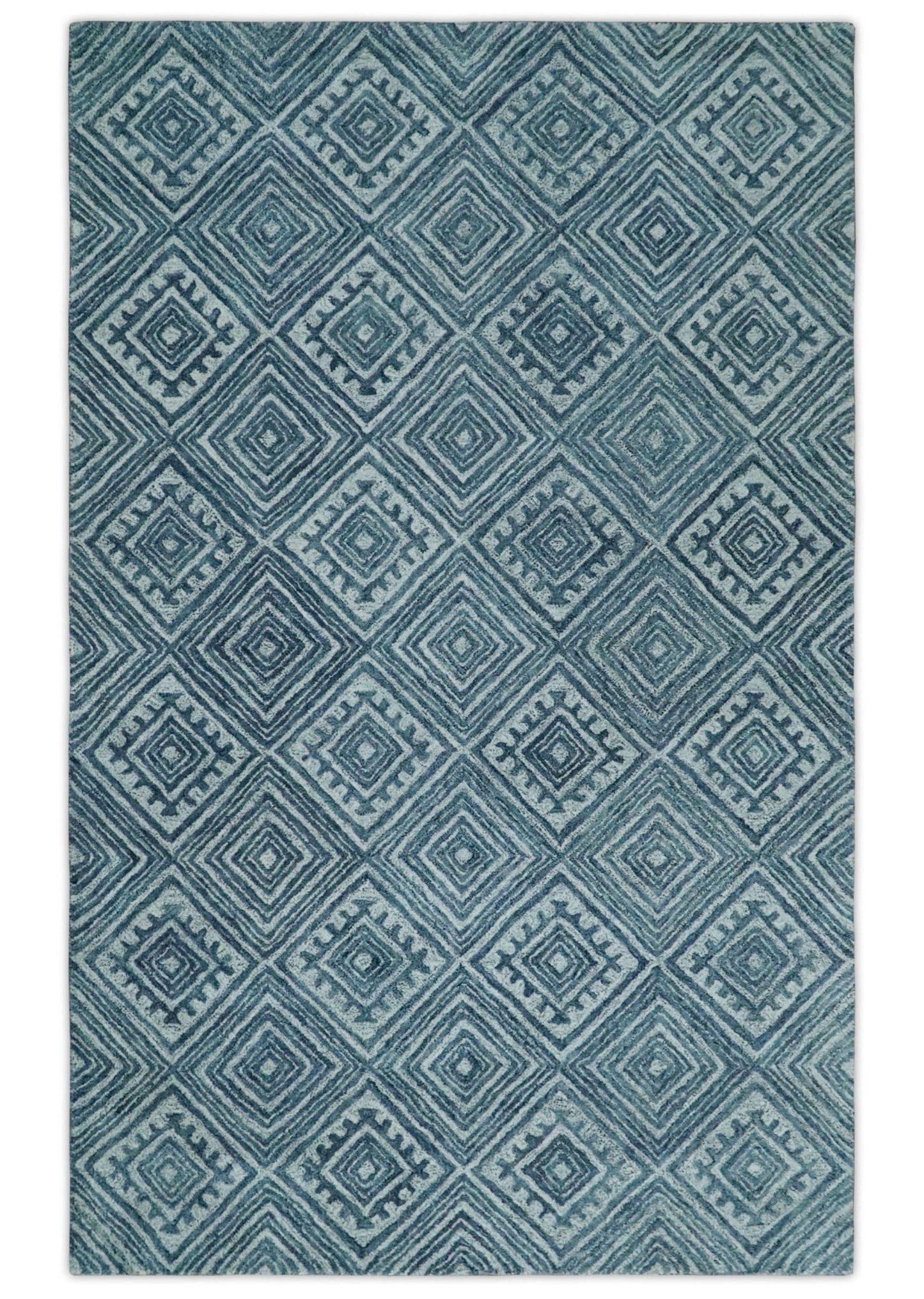 5x8 Blue and Silver Geometrical Pattern Hand Tufted Farmhouse Wool Area Rug