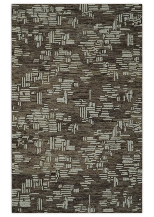 5x8 Brown and Ivory Blocks pattern Hand Tufted Farmhouse Wool Area Rug