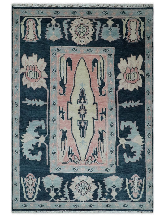 5x8 Dark Blue, Ivory and Peach Hand Knotted Heriz Serapi Medallion Area Rug | TRDPC41