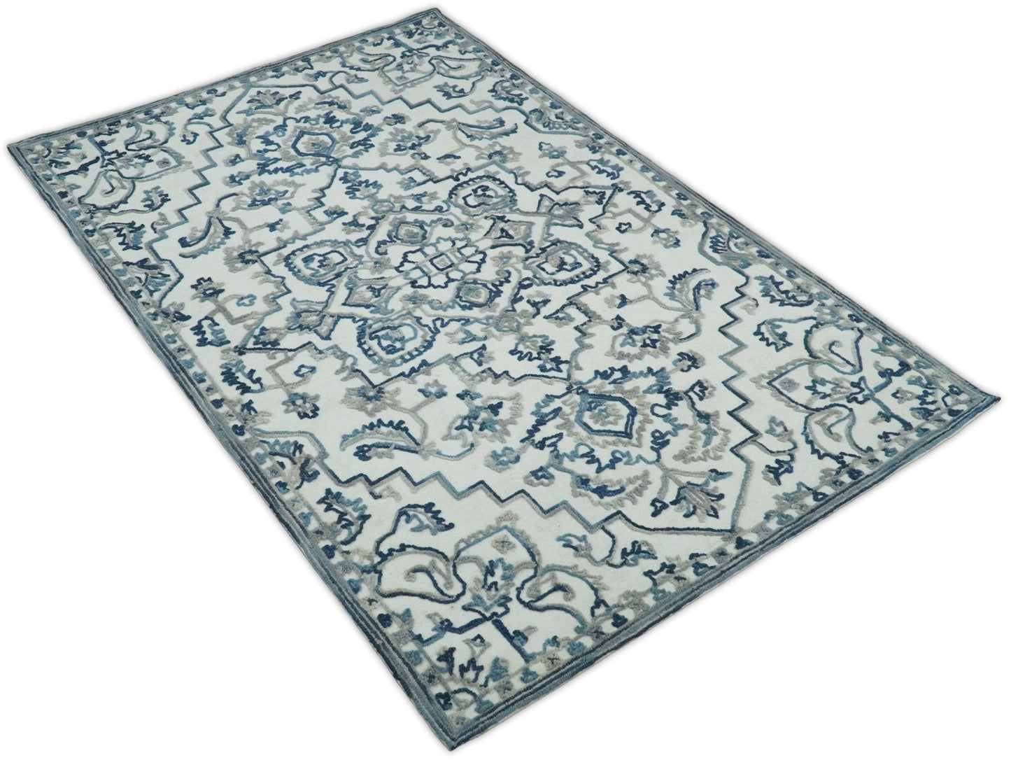 5x8 Hand Hooked Blue and Silver Wool Textured Loop Area Rug | GAR1