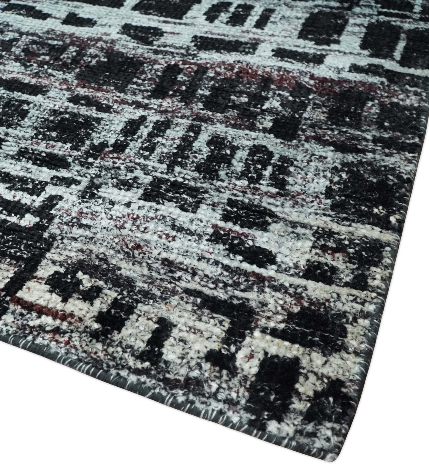 5x8 Hand Knotted Black and Silver Modern Abstract Contemporary Recycled Silk Area Rug | OP120