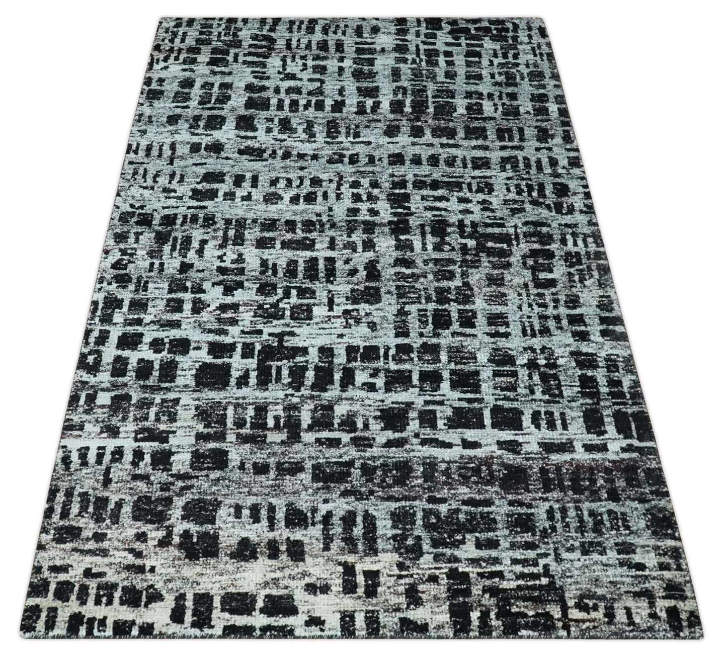 5x8 Hand Knotted Black and Silver Modern Abstract Contemporary Recycled Silk Area Rug | OP120