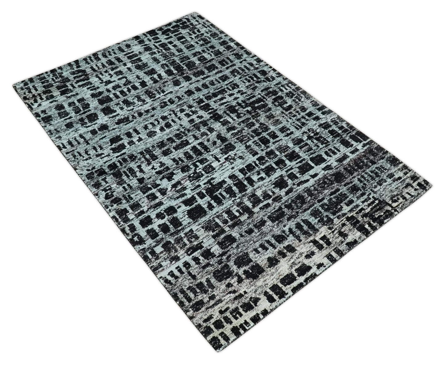 5x8 Hand Knotted Black and Silver Modern Abstract Contemporary Recycled Silk Area Rug | OP120