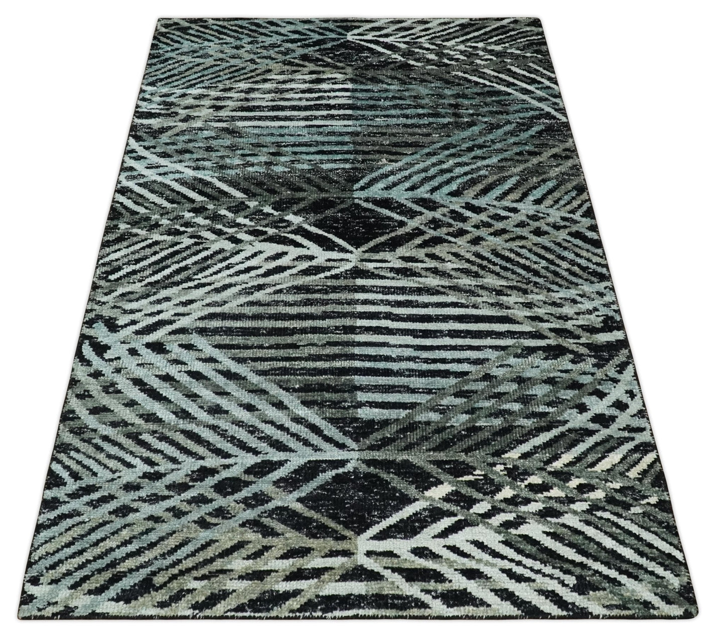 5x8 Hand Knotted Black, Ivory and Teal Modern Style Contemporary Recycled Silk Area Rug | OP119