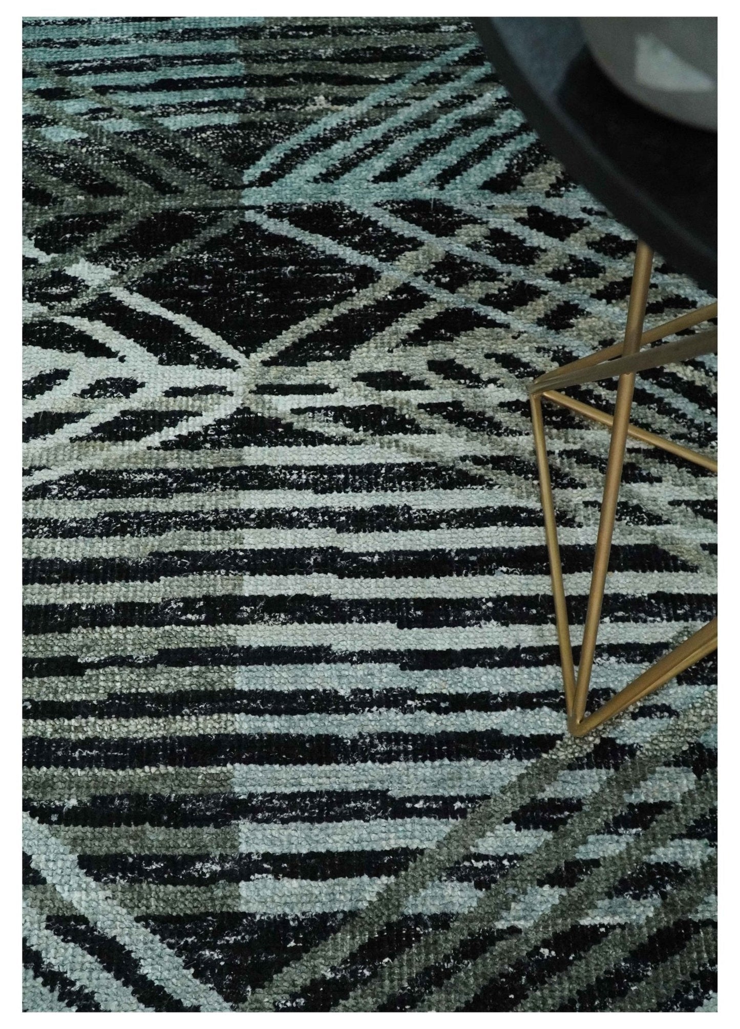 5x8 Hand Knotted Black, Ivory and Teal Modern Style Contemporary Recycled Silk Area Rug | OP119