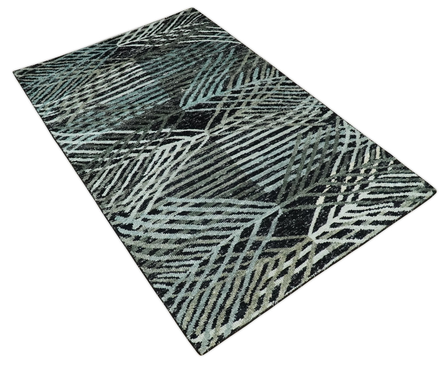 5x8 Hand Knotted Black, Ivory and Teal Modern Style Contemporary Recycled Silk Area Rug | OP119