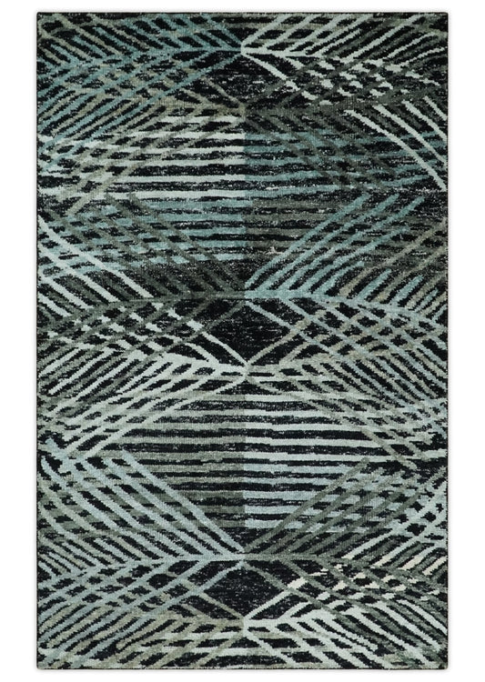 5x8 Hand Knotted Black, Ivory and Teal Modern Style Contemporary Recycled Silk Area Rug | OP119